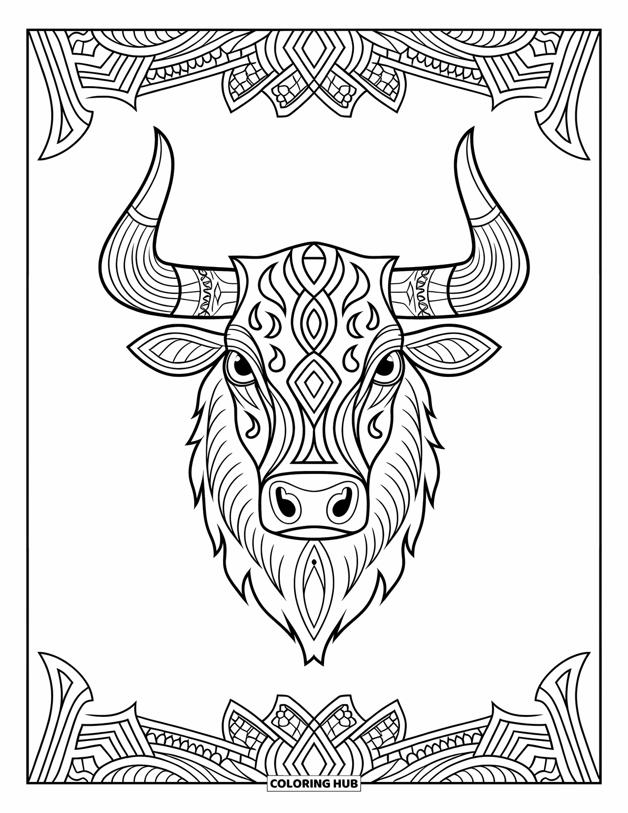 Rodeo Coloring Page for Adults: Bull's head with decorative border, intricate horns, and tribal designs