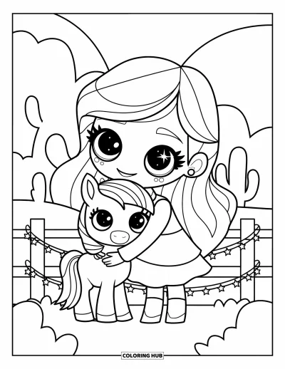 Coloriage de rodéo pour adultes : Cowgirl chibi serrant un poney près de guirlandes d'étoiles, de cactus et de douces collines