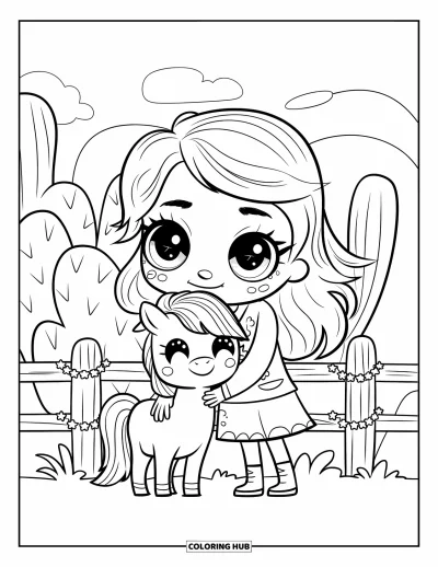 Coloriage de rodéo pour adultes : Cowgirl chibi serrant dans ses bras un petit poney près d'une clôture ornée de guirlandes d'étoiles