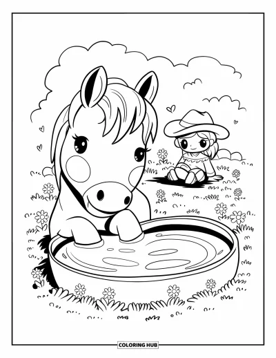 Coloriage de rodéo pour adultes : Cheval chibi se reposant près d'un abreuvoir en forme de cœur avec une cowgirl à côté