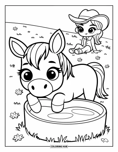 Coloriage de rodéo pour adultes : Cheval chibi se reposant dans un champ fleuri avec une cowgirl assise tout près