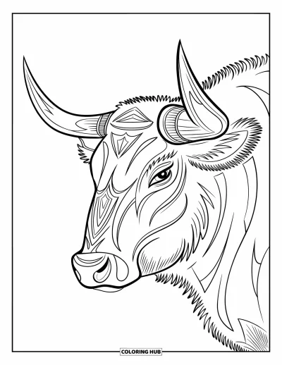 Coloriage de rodéo pour adultes : Gros plan d'une tête de taureau avec accents tribaux et cornes détaillées