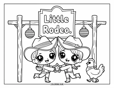Coloriage de rodéo pour adultes : Cowboy et cowgirl avec grands chapeaux et un poulet près d'un panneau de rodéo rustique