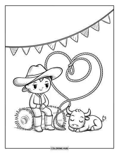 Coloriage de rodéo pour adultes : Cowboy sur une botte de foin avec un lasso en forme de cœur et un petit taureau endormi à proximité