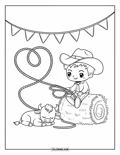 Coloriage de rodéo pour adultes : Cowboy au grand chapeau près d'un lasso en cœur et d'un petit taureau sous des drapeaux de rodéo