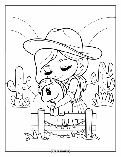 Coloriage de rodéo pour adultes : Cowgirl étreignant son poney sur une clôture avec des guirlandes d'étoiles et des collines arrondies
