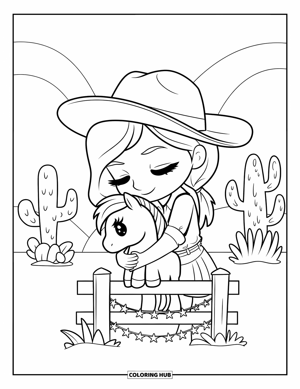 Rodeo Coloring Page for Adults: Cowgirl hugging pony on fence with star garlands and softly curved hills