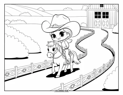 Coloriage de rodéo pour adultes : Cowgirl sur son poney trottant sur un sentier en forme de cœur près d'une grange et des arbustes