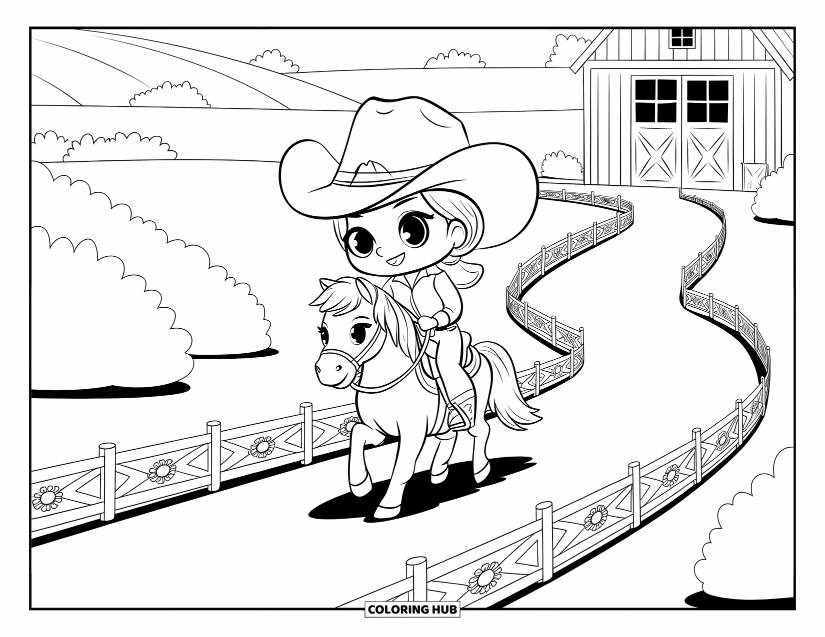 Rodeo Coloring Page for Adults: Cowgirl on pony trotting a heart-shaped trail near barn and shrubs