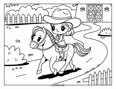Coloriage de rodéo pour adultes : Cowgirl chevauchant son poney près de clôtures, d'arbustes et de portes de grange ornées
