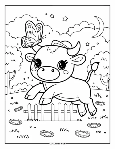 Coloriage de rodéo pour adultes : Adorable taureau sautant une clôture avec papillon, arbres touffus, lunes et fers à cheval