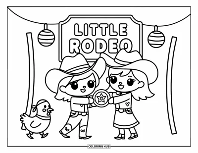 Coloriage de rodéo pour adultes : Mignon cowboy et cowgirl avec insigne étoilé près de lampions et d'un poulet