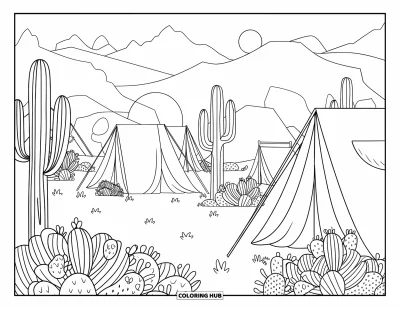 Coloriage de rodéo pour adultes : Camp de rodéo dans le désert avec cactus à motifs, tentes et équipement équestre sous un ciel étoilé