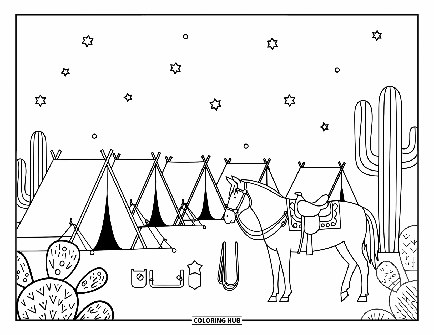 Rodeo Coloring Page for Adults: Desert rodeo camp with tents, saddled horse, cacti, and a starry night sky