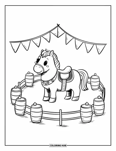 Coloriage de rodéo pour adultes : Cheval sympathique dans une arène de rodéo avec une selle décorée et de petits tonneaux
