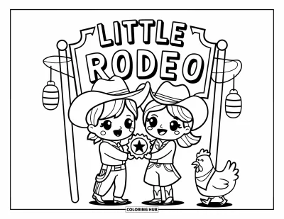 Coloriage de rodéo pour adultes : Cowboy et cowgirl dessinés à la main tenant un insigne étoilé sous un panneau de rodéo