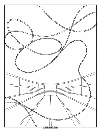 Coloriage de rodéo pour adultes : Lassos entrelacés formant un cadre abstrait de rodéo avec des boucles rappelant une arène