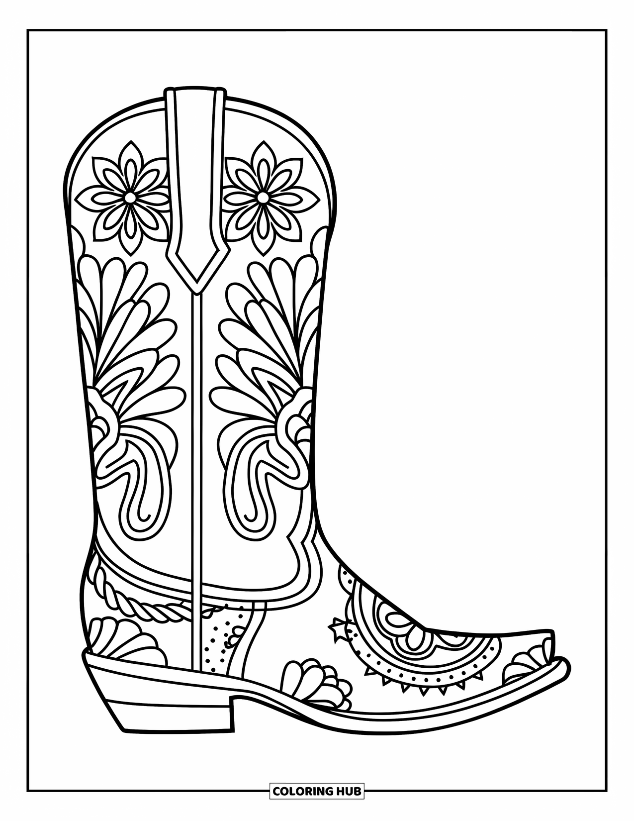 Rodeo Coloring Page for Adults: Intricate cowboy boot with floral, paisley, and rope designs in a mandala style