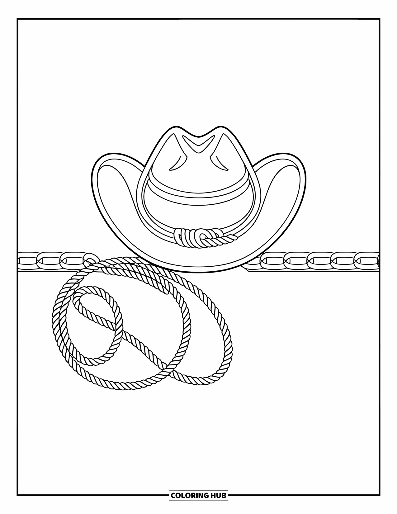 Rodeo Coloring Page for Adults: Knotted lassos forming a cowboy hat-shaped border with bold, clean lines
