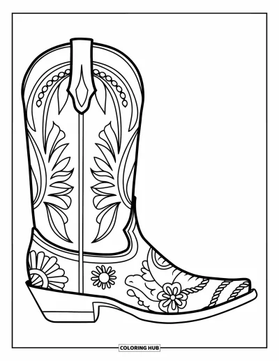 Coloriage de rodéo pour adultes : Botte de cowboy façon mandala avec motifs floraux, cachemire et corde