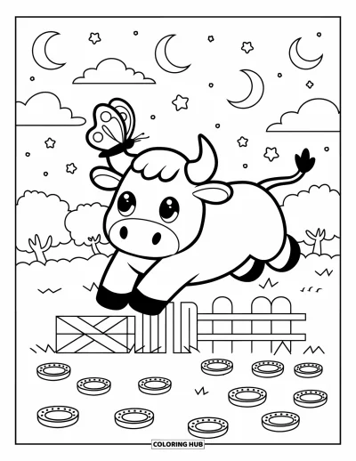 Coloriage de rodéo pour adultes : Mini taureau sautant une clôture avec un papillon sur la corne et des étoiles endormies au-dessus