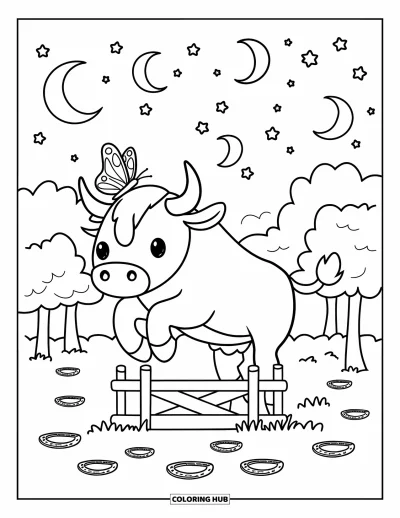 Coloriage de rodéo pour adultes : Mini taureau bondissant par-dessus une clôture avec papillon, lunes, étoiles et fers à cheval éparpillés