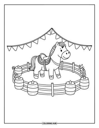 Coloriage de rodéo pour adultes : Mini cheval dans une arène de rodéo avec fanions et tonneaux surmontés d'étoiles