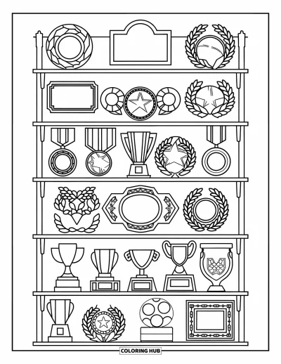 Coloriage de rodéo pour adultes : Étagère de trophées de rodéo garnie de plaques, médailles, boucles de ceinture et souvenirs
