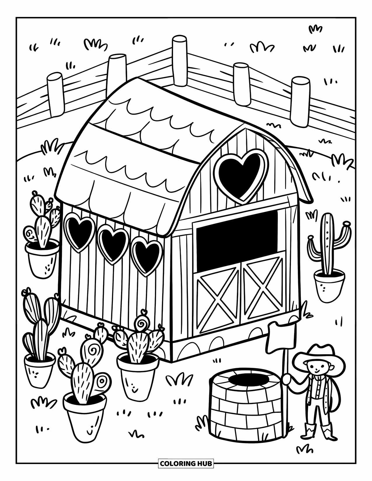 Rodeo Coloring Page for Adults: Rounded barn with heart windows, waving cowboy, cacti, and small well