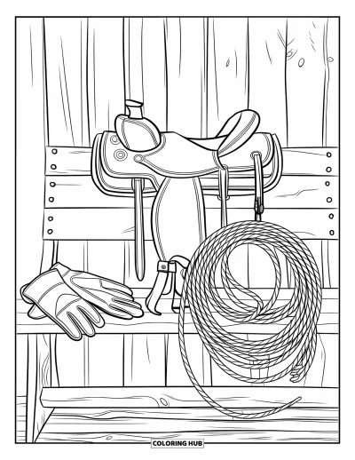 Coloriage de rodéo pour adultes : Selle, corde enroulée, éperons et gants posés sur un banc en bois contre un mur
