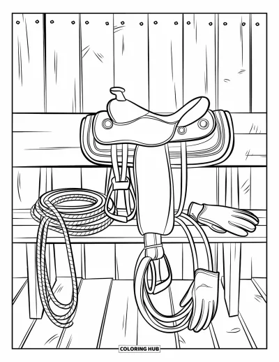 Coloriage de rodéo pour adultes : Selle, corde, éperons et gants disposés sur un banc en bois rustique