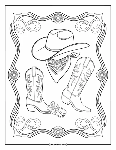 Coloriage de rodéo pour adultes : Composition symétrique d'équipement de rodéo avec chapeau, bottes, bandana, boucle de ceinture et cadre orné