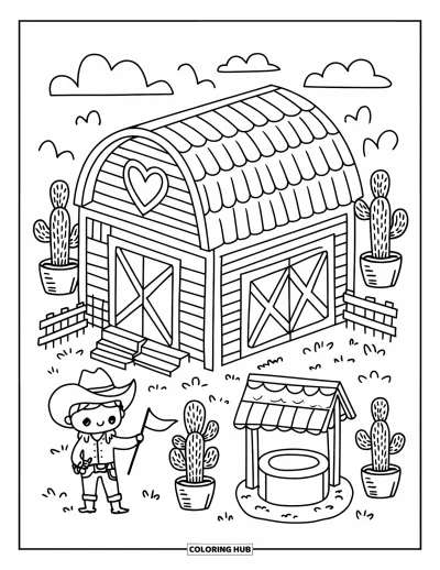 Coloriage de rodéo pour adultes : Petite grange de rodéo avec fenêtres en forme de cœur, cactus, cowboy qui fait signe et mini puits