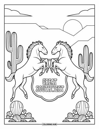 Coloriage de rodéo pour adultes : Insigne western portant la mention "GREAT SOUTHWEST" avec broncos en miroir et scène désertique