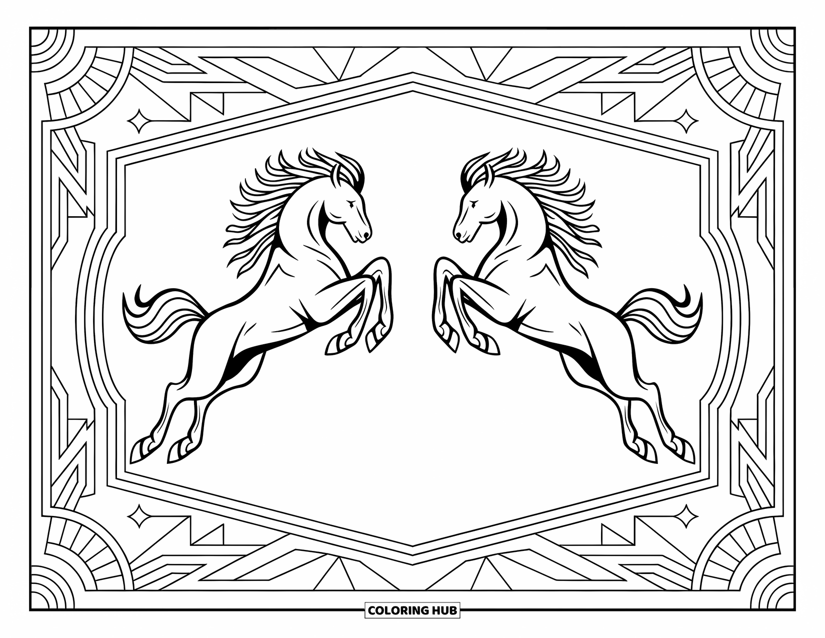 Rodeo Coloring Page for Adults: Western badge with mirrored broncos and surrounding decorative designs