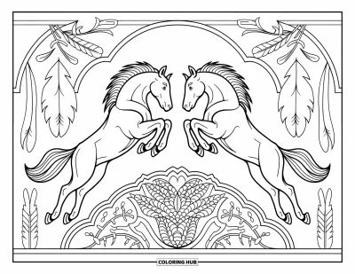 Coloriage de rodéo pour adultes : Insigne western avec broncos en miroir, plumes, symboles et arabesques artistiques