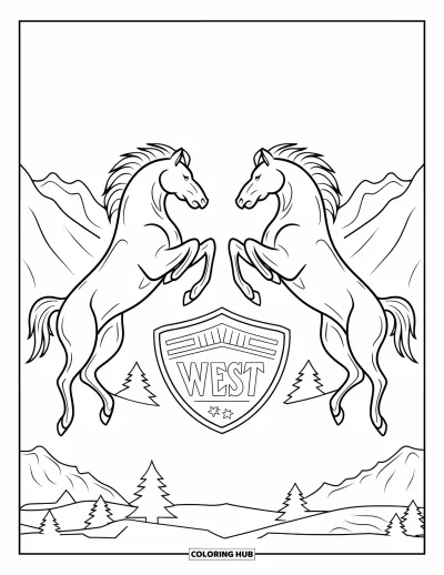 Coloriage de rodéo pour adultes : Insigne western avec la mention "West", broncos en miroir et paysage de montagne