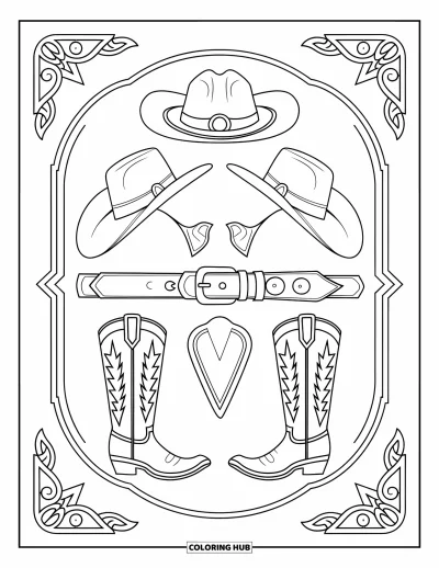 Coloriage de rodéo pour adultes : Ensemble d'équipement de rodéo western avec cadre ornemental et composition équilibrée