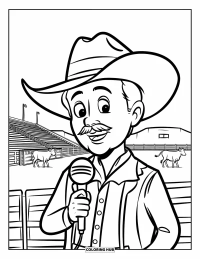 Coloriage de rodéo pour enfants : Présentateur en tenue western qui parle dans une arène avec du bétail à proximité