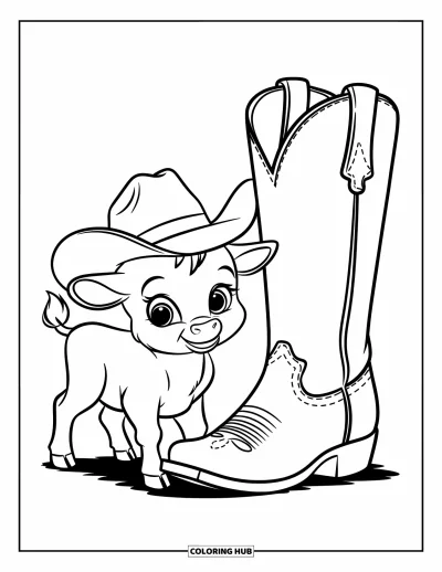 Coloriage de rodéo pour enfants : Veau avec chapeau debout à côté d'une grande botte