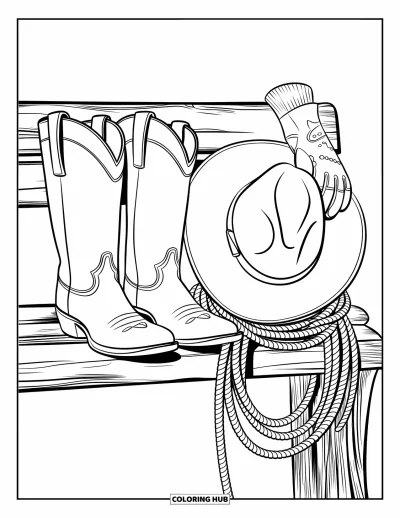 Coloriage de rodéo pour enfants : Bottes, chapeau, gants et corde enroulée disposés sur un banc en bois avec un charme rustique