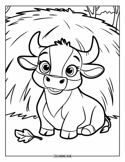 Coloriage de rodéo pour enfants : Taureau aux grands yeux assis calmement près d'une meule de foin et des arbres