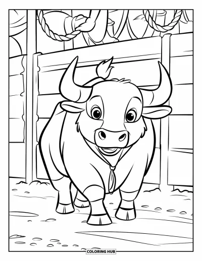 Coloriage de rodéo pour enfants : Taureau avec cape traversant un couloir de rodéo entouré d'une foule