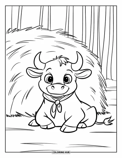 Coloriage de rodéo pour enfants : Taureau avec foulard assis près d'une meule de foin dans un champ ouvert