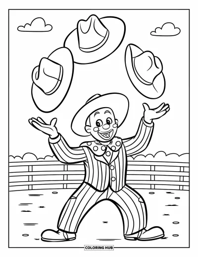 Coloriage de rodéo pour enfants : Clown de rodéo joyeux jonglant avec trois chapeaux de cowboy