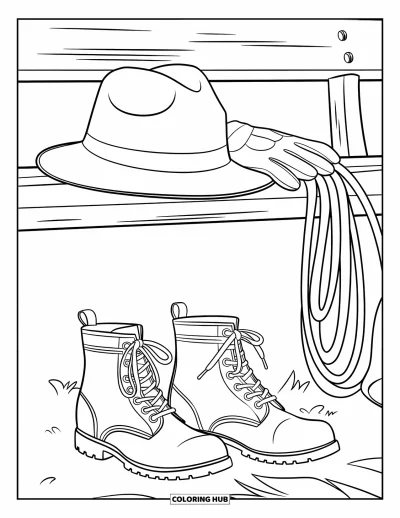 Coloriage de rodéo pour enfants : Gros plan de bottes, chapeau, gants et corde enroulée posés sur un banc