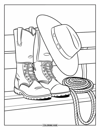 Coloriage de rodéo pour enfants : Gros plan de bottes, chapeau, gants et corde enroulée posés sur un banc patiné