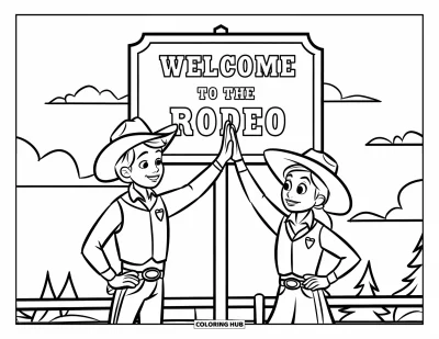 Coloriage de rodéo pour enfants : Cowboy et cowgirl qui tapent dans la main près d'un panneau "Welcome to the Rodeo"