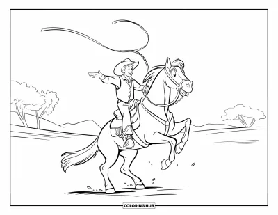 Coloriage de rodéo pour enfants : Cowboy en équilibre sur un bronco fougueux avec les rênes qui volent dans une plaine poussiéreuse
