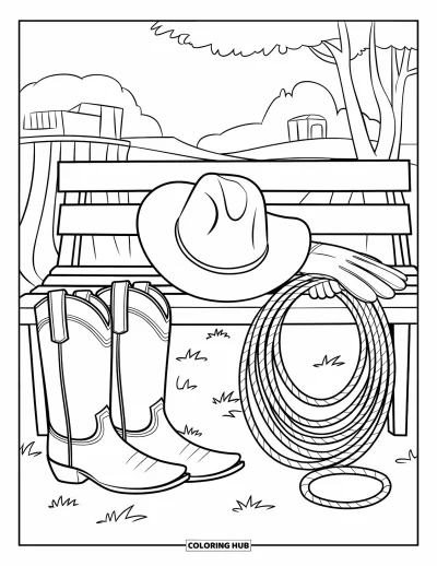 Coloriage de rodéo pour enfants : Équipement de cowboy sur un banc avec des bottes au sol et des arbres en arrière-plan